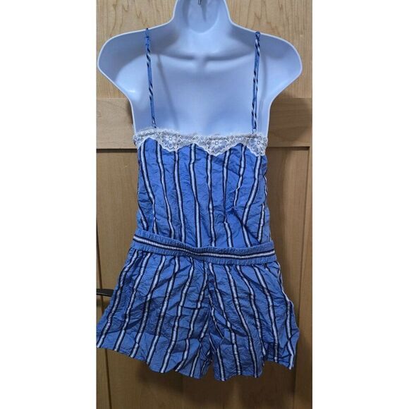 Zara Women’s XS Blue & White Striped Lace-Trimmed Romper - Picture 3 of 5
